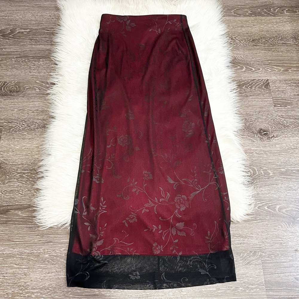Vintage Womens Mesh Overlay 90s Maxi Skirt Floral Whimsigoth Fairy Grunge